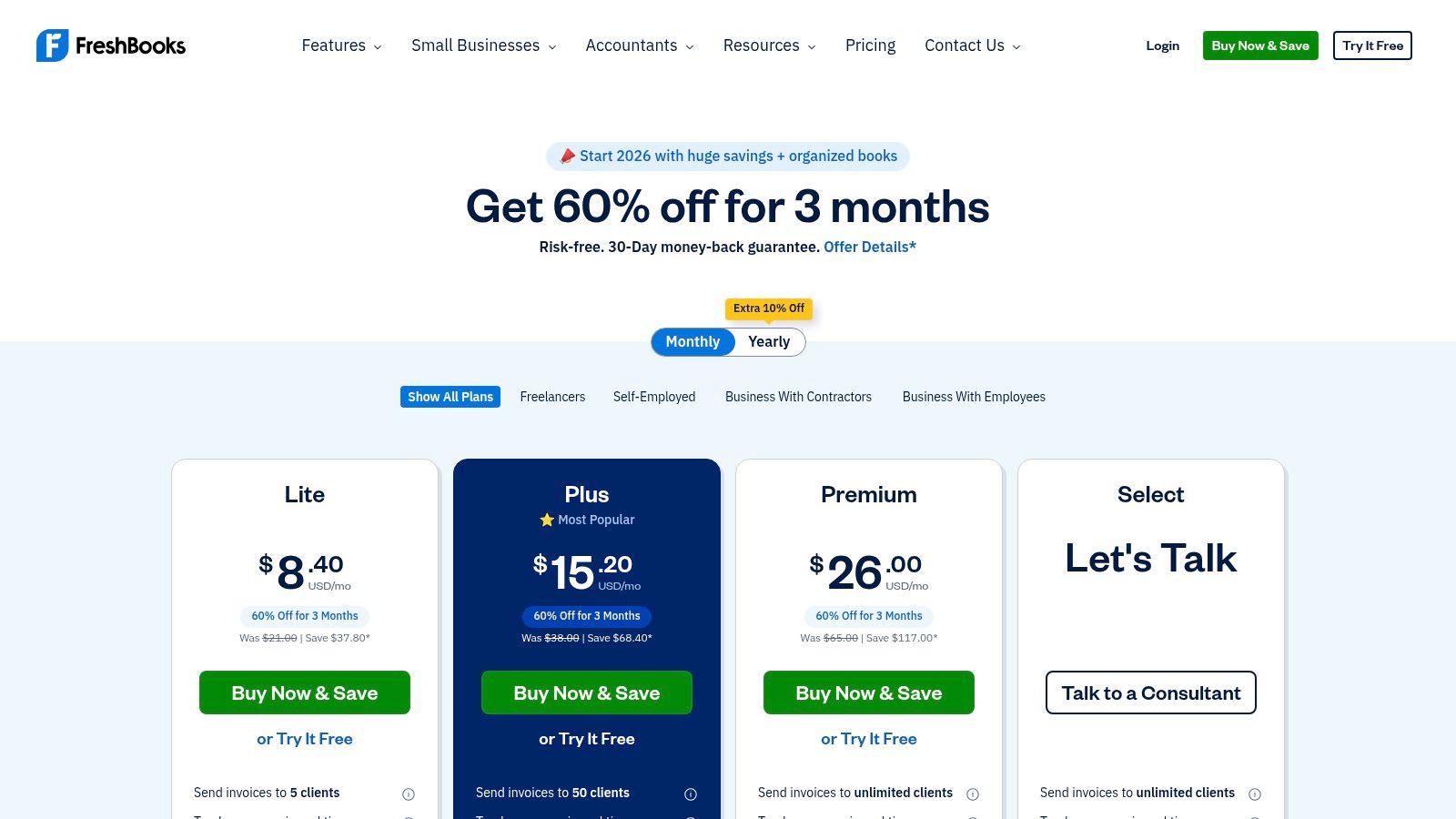 FreshBooks pricing plans showing Lite, Plus, and Premium tiers with features for each