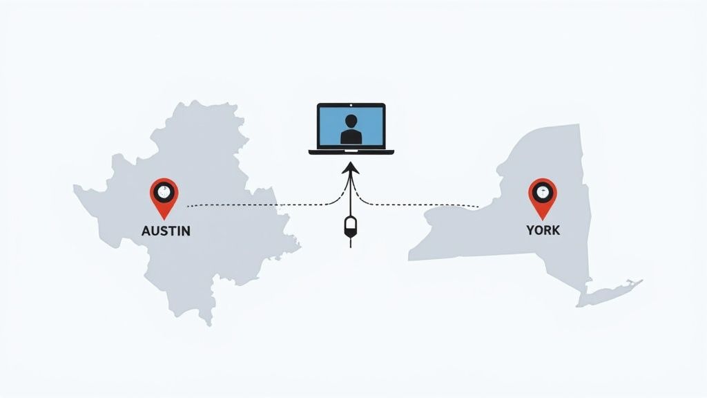 A world map with pins in different cities, connected by lines to show employee relocation.