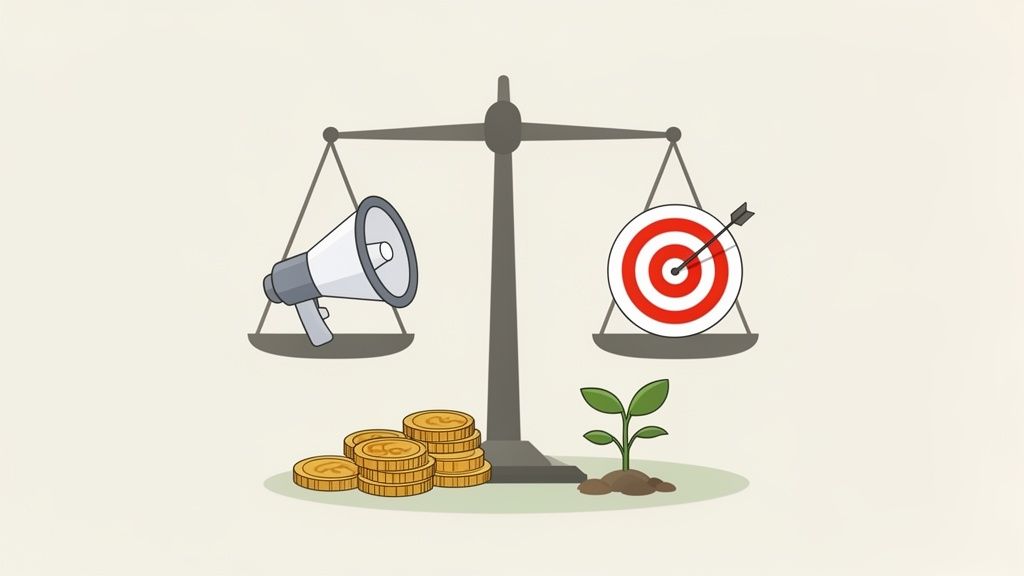 Balanced scale with a megaphone, target, coins, and plant, symbolizing marketing ROI.