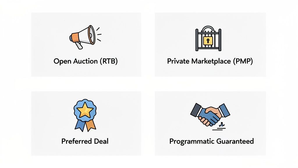 Four types of programmatic advertising deals: Open Auction, Private Marketplace, Preferred Deal, and Programmatic Guaranteed, with descriptive icons.