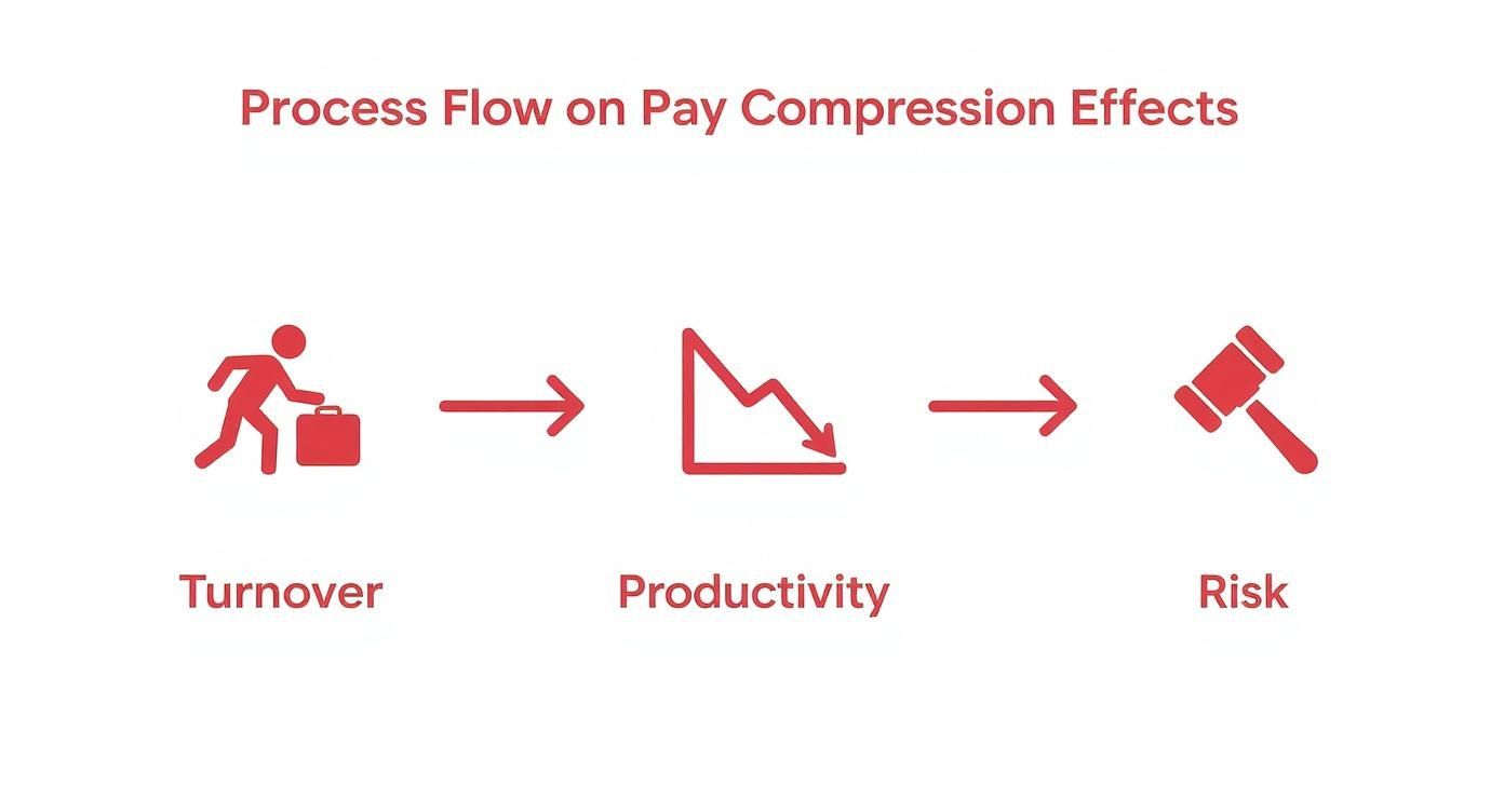Process flow diagram illustrating the negative effects of pay compression: turnover, decreased productivity, and increased risk.