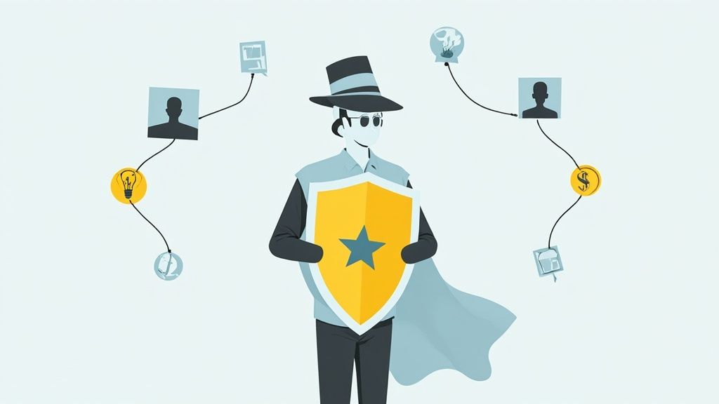 A stylized person in a hat and sunglasses holds a shield, protecting connected data and resources.