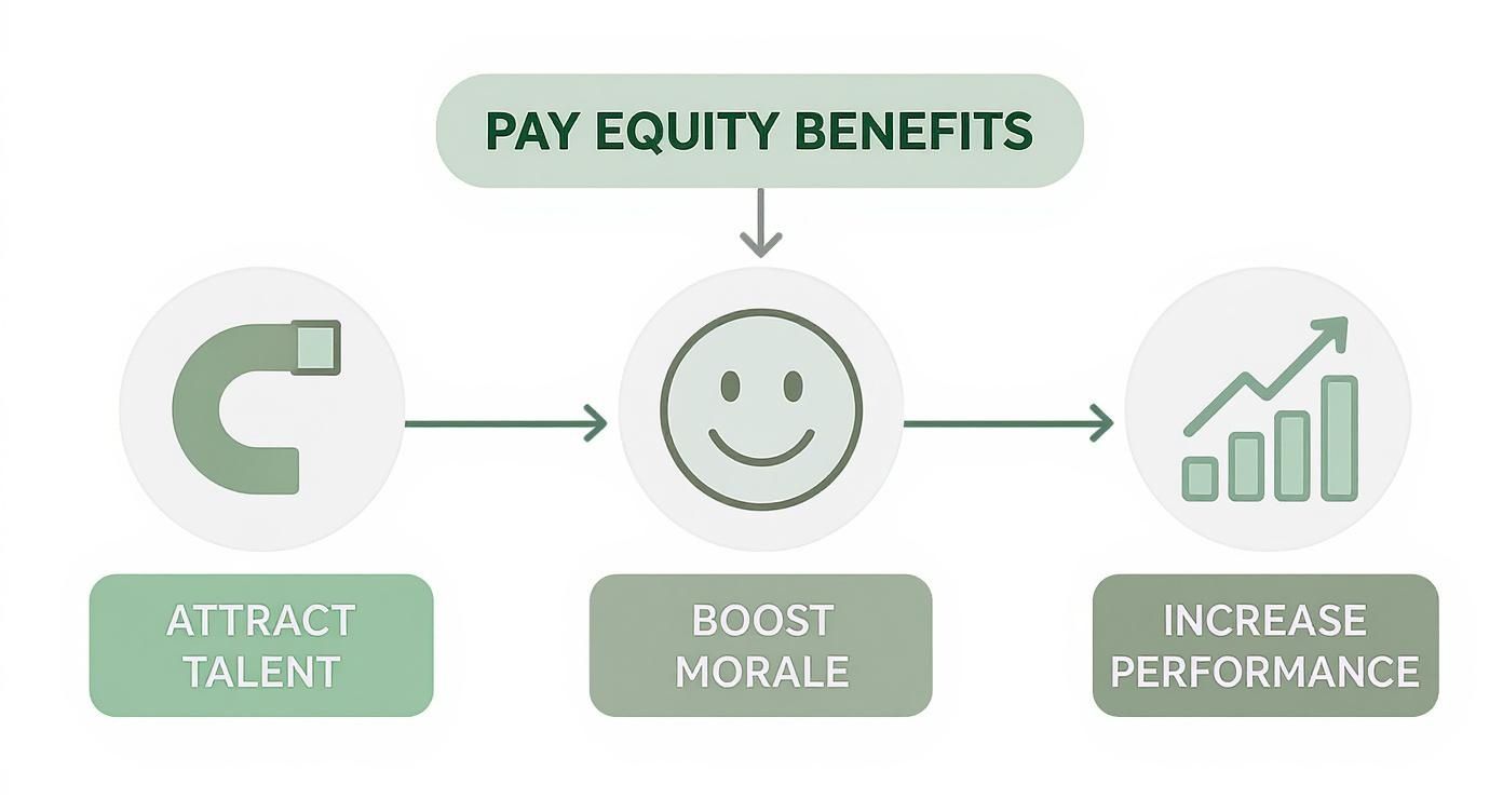 Flowchart illustrating the benefits of pay equity, including attracting talent, boosting morale, and increasing performance.