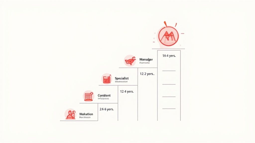 Career progression timeline showing four stages from Markation to Manager spanning 16.4 years in marketing
