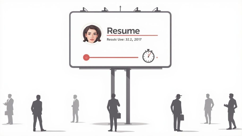Men viewing a large billboard displaying a resume with a woman's photo, progress bar, and stopwatch.