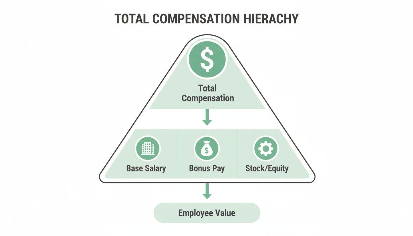 A pyramid diagram illustrating the total compensation hierarchy, including base salary, bonus pay, and stock/equity, all contributing to employee value.