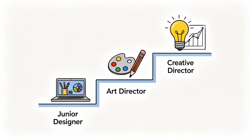 A career path illustration showing the progression from Junior Designer to Art Director to Creative Director.