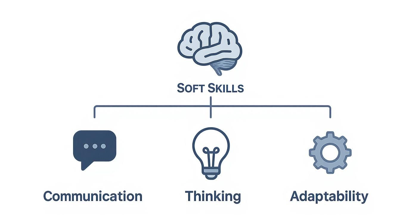 A diagram illustrating essential soft skills including Communication, Thinking, and Adaptability, each with a relevant icon.