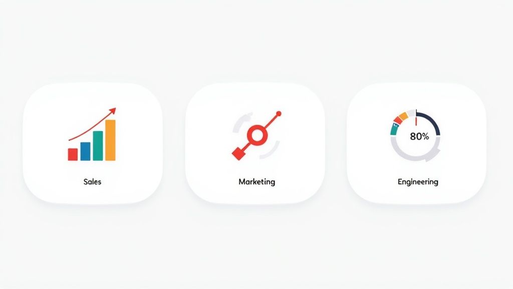 A person pointing at a dashboard with charts and graphs showing business KPIs.