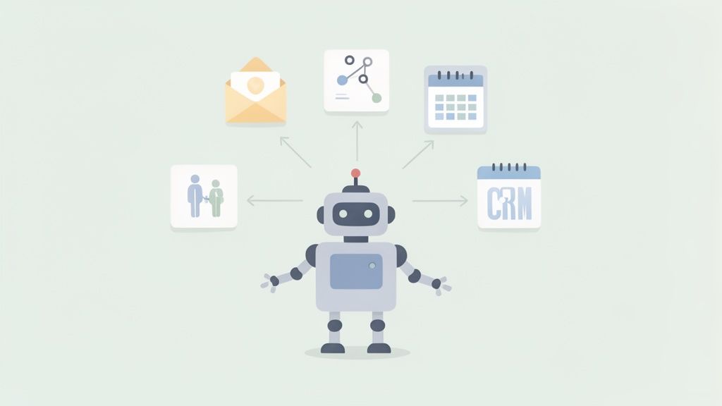 An AI robot automating tasks across business applications like email, CRM, calendar, and data.