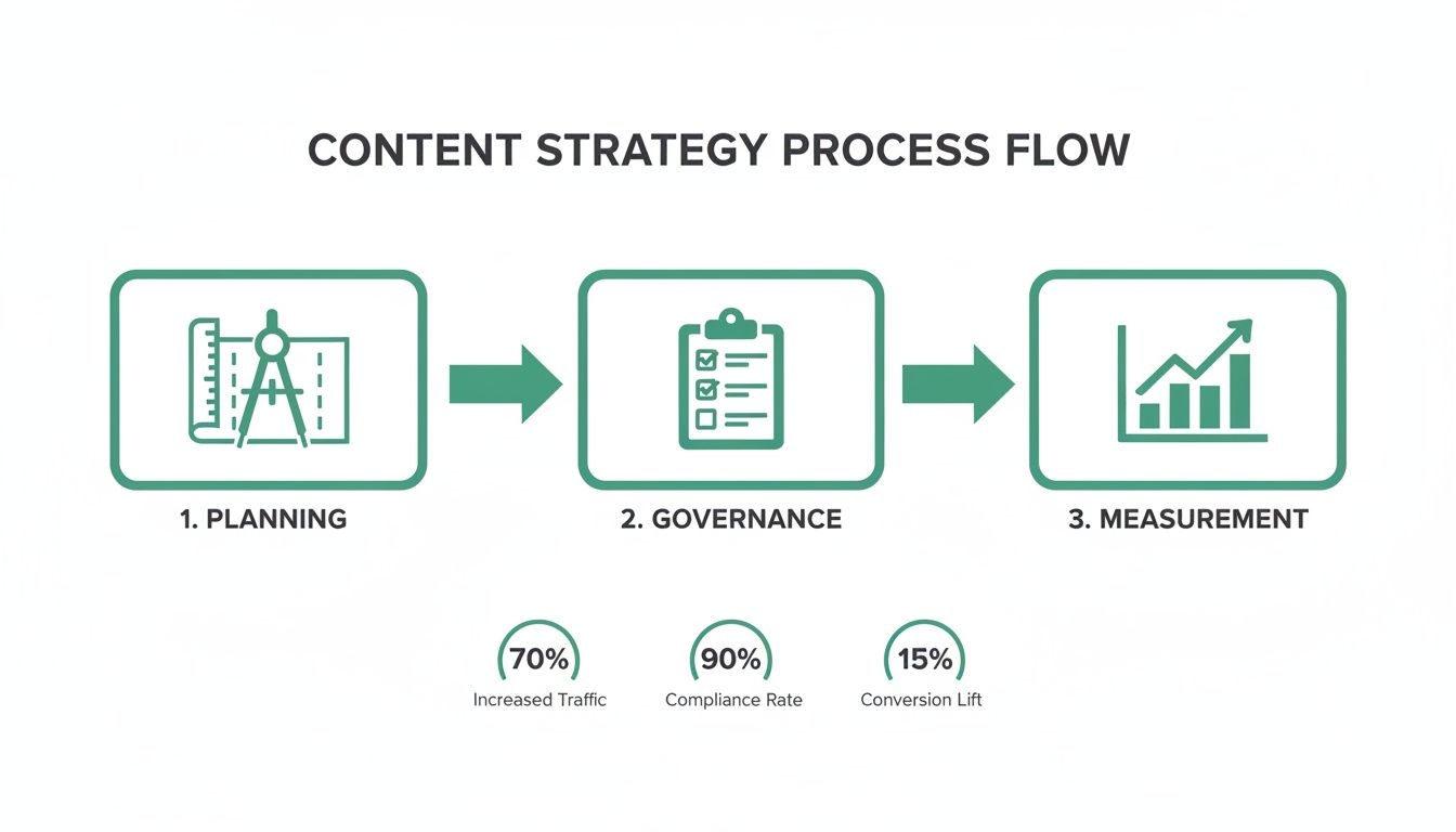Content strategy process flow illustrating planning, governance, and measurement steps with key performance indicators.