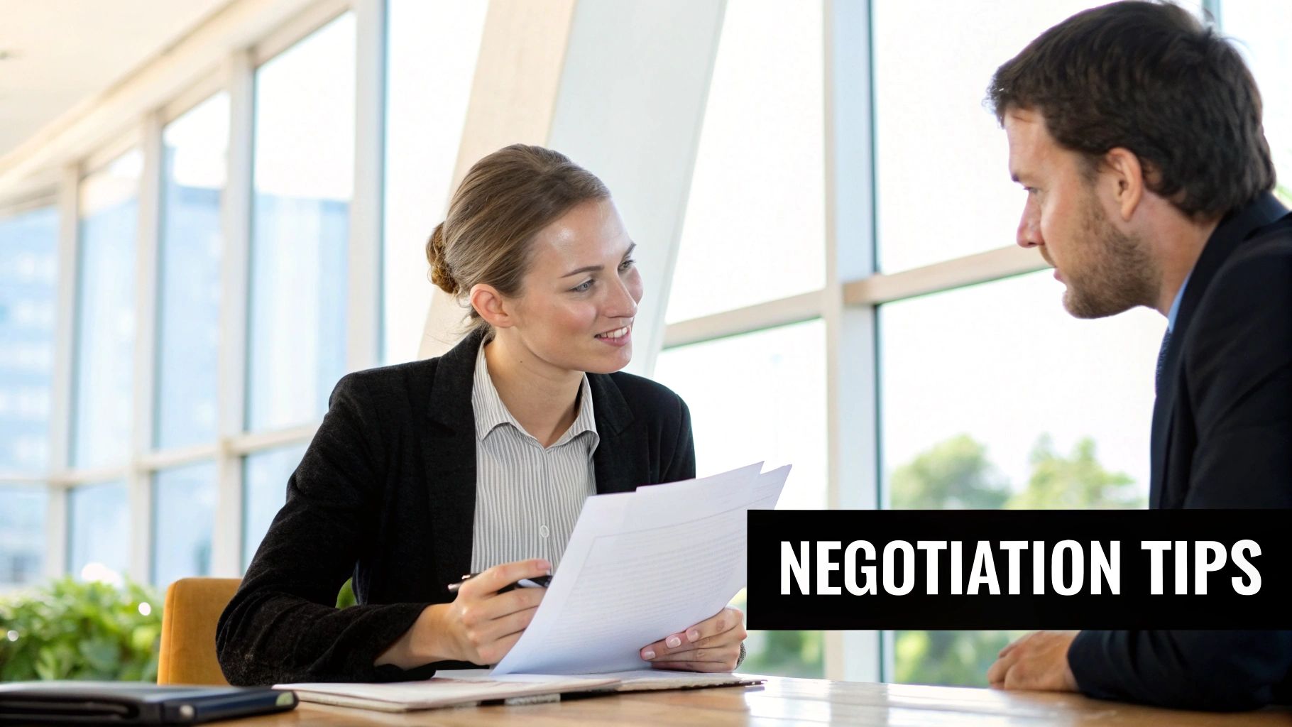 Two people in a professional setting shaking hands across a desk.