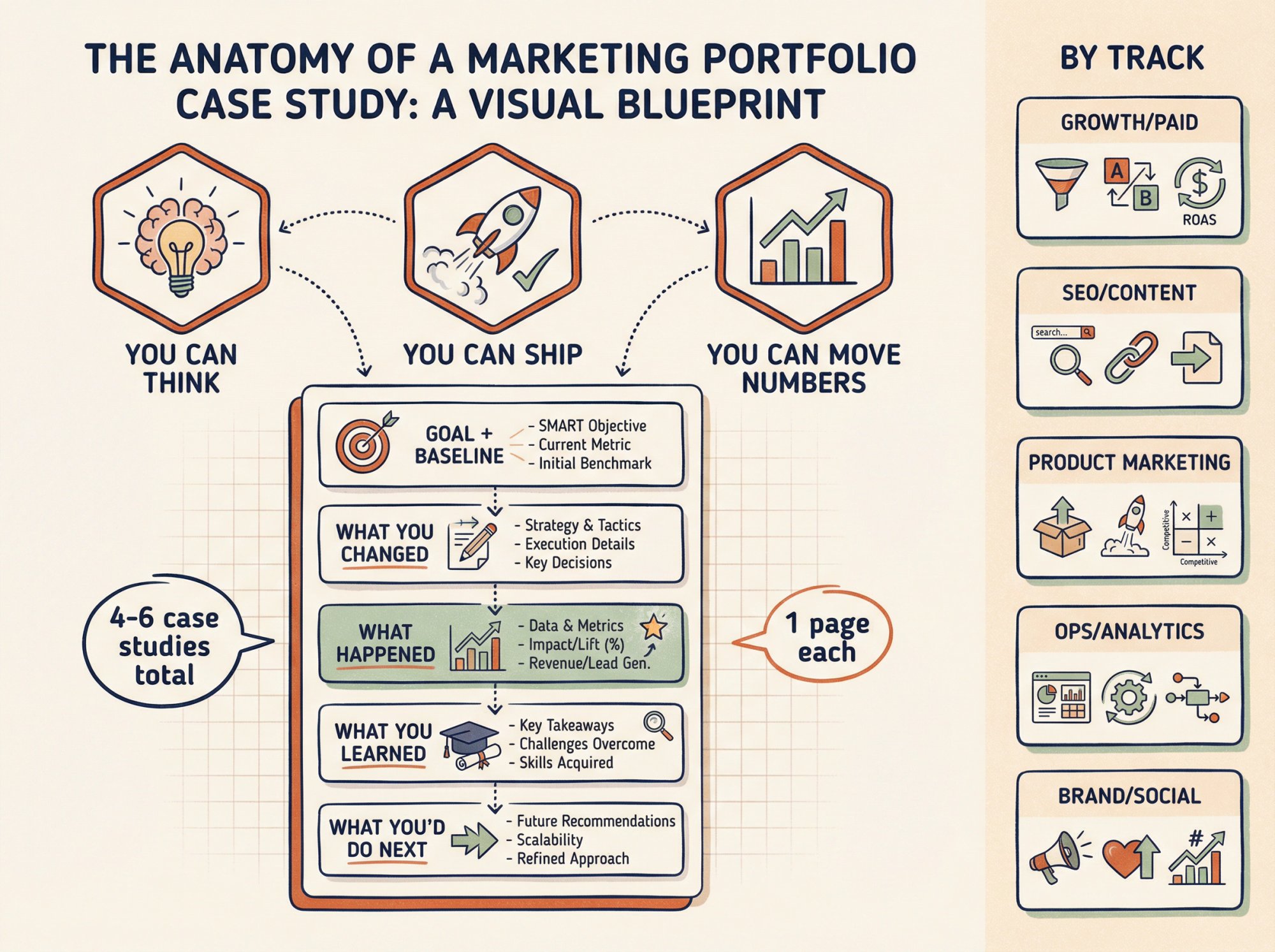 Visual breakdown of marketing portfolio case study structure showing the three proof points and track-specific elements