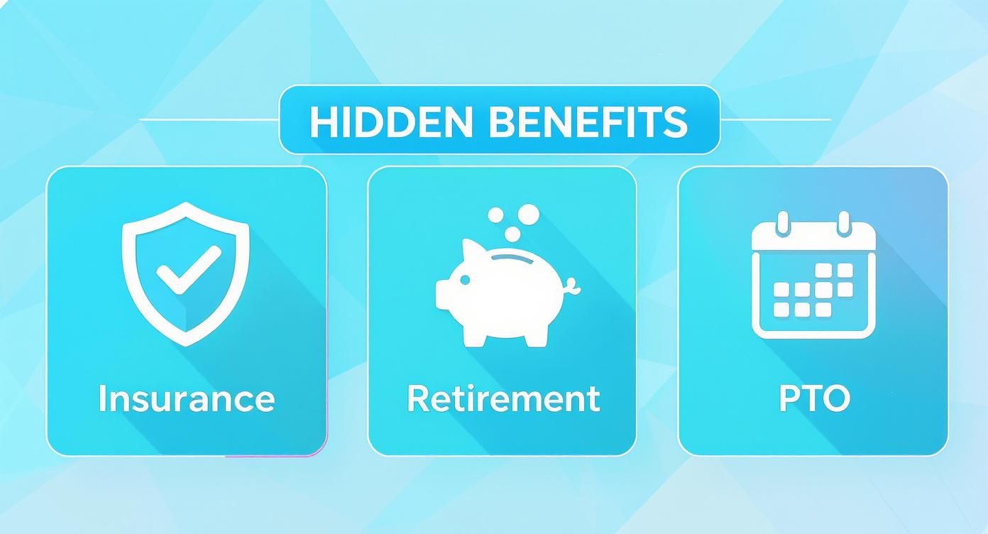 Infographic summarizing key hidden benefits like insurance, retirement, and PTO.