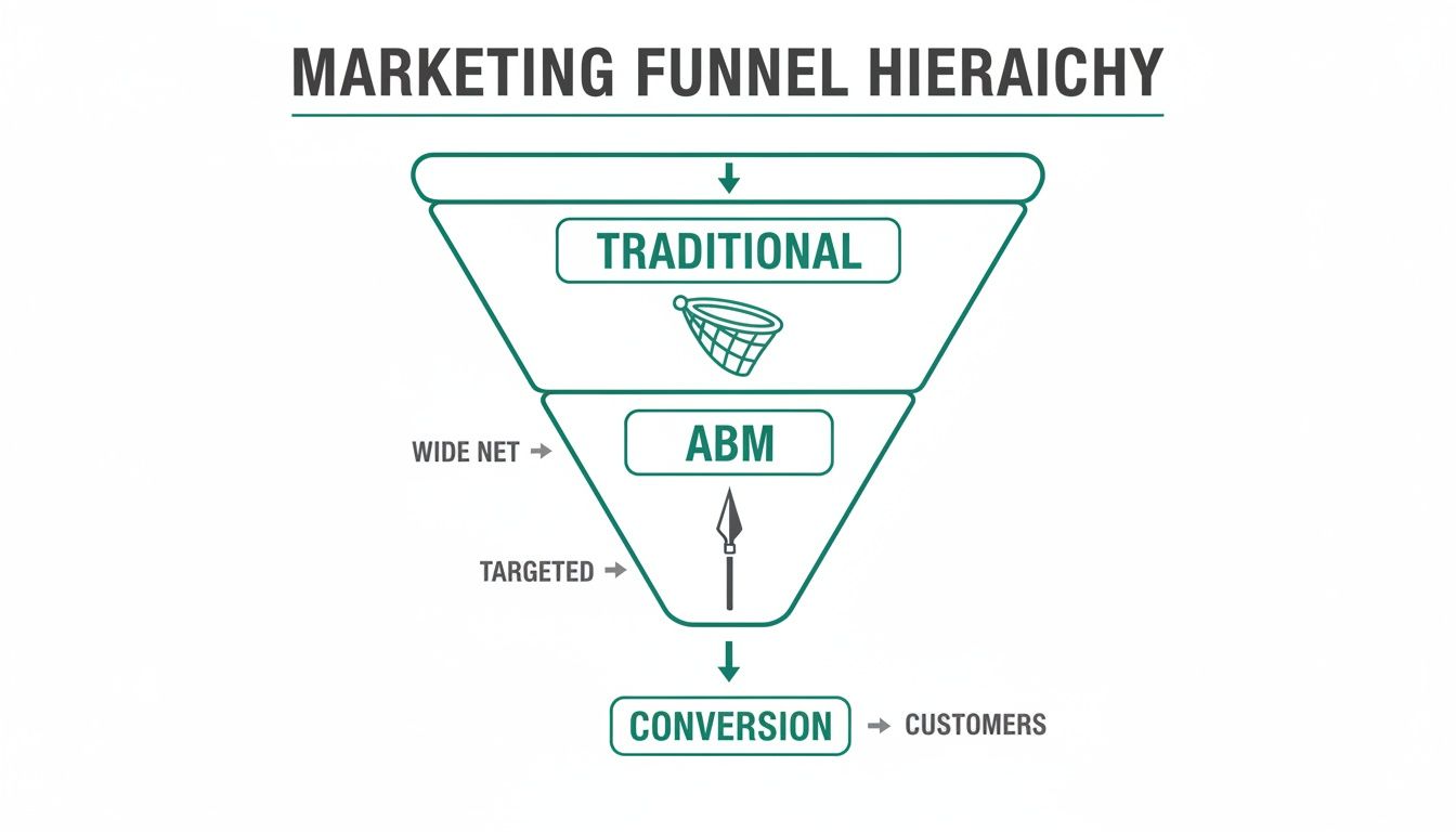 A marketing funnel hierarchy illustrating traditional wide net marketing versus targeted ABM for customer conversion.