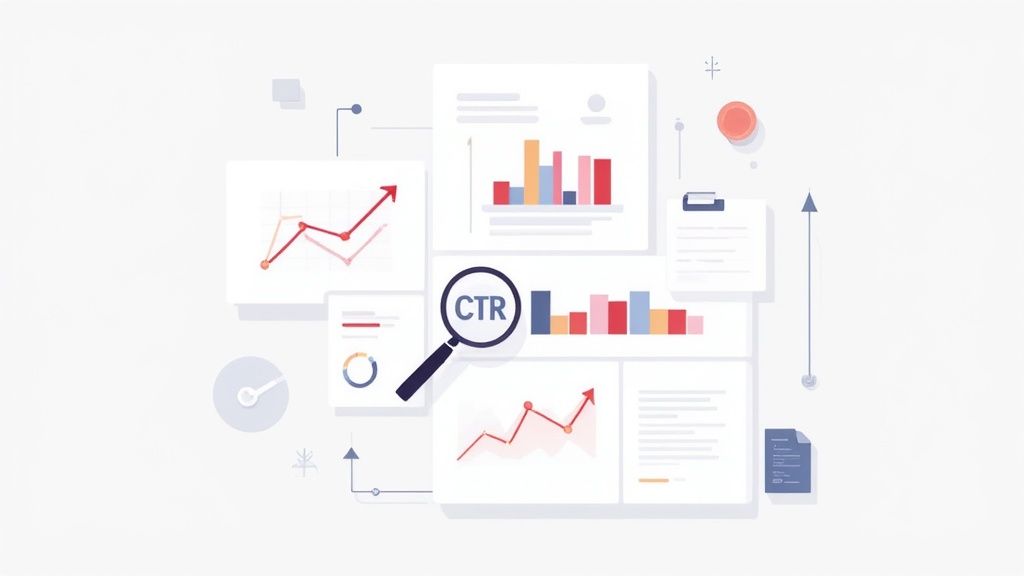 A flat lay of marketing data analysis charts, graphs, and a magnifying glass highlighting CTR.