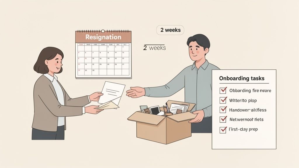 Illustration of an employee resigning and a new employee onboarding, highlighting a 2-week transition.