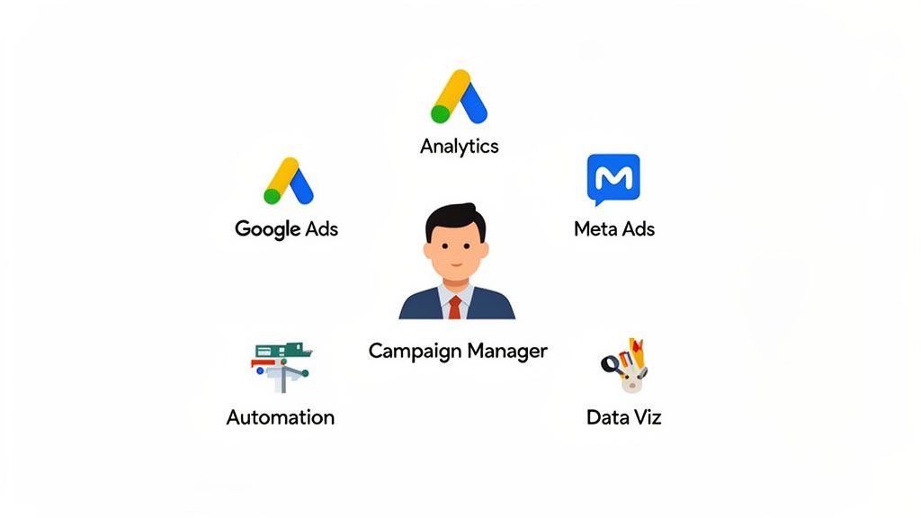 A campaign manager orchestrates digital marketing, using tools like Google Ads, Analytics, Meta Ads, Automation, and Data Viz.