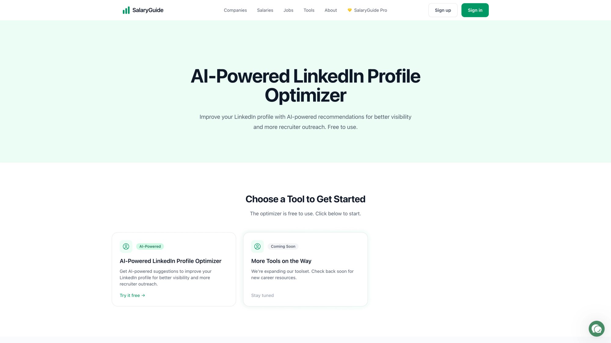 SalaryGuide tools page showing LinkedIn profile optimizer and career planning resources for marketing professionals