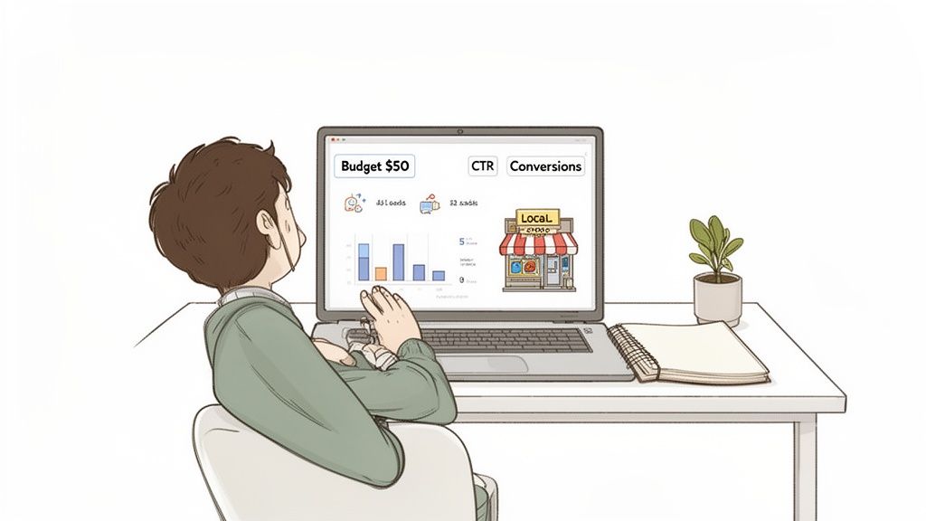 An illustration of a person analyzing marketing performance data on a laptop for a local business.