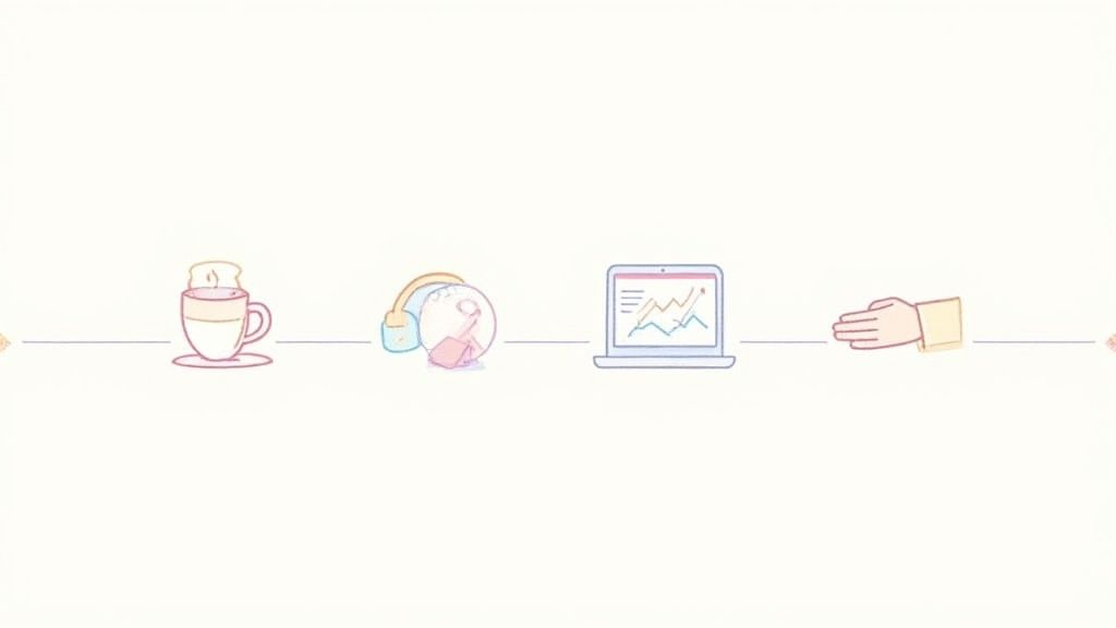 Pastel line icons illustrating elements of a workflow: coffee, headphones, laptop with graph, and a human hand.