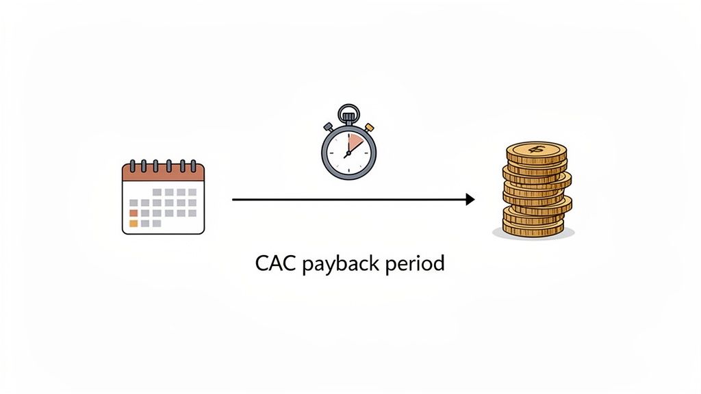 An illustration depicting a calendar and stopwatch indicating the CAC payback period leading to a stack of coins.