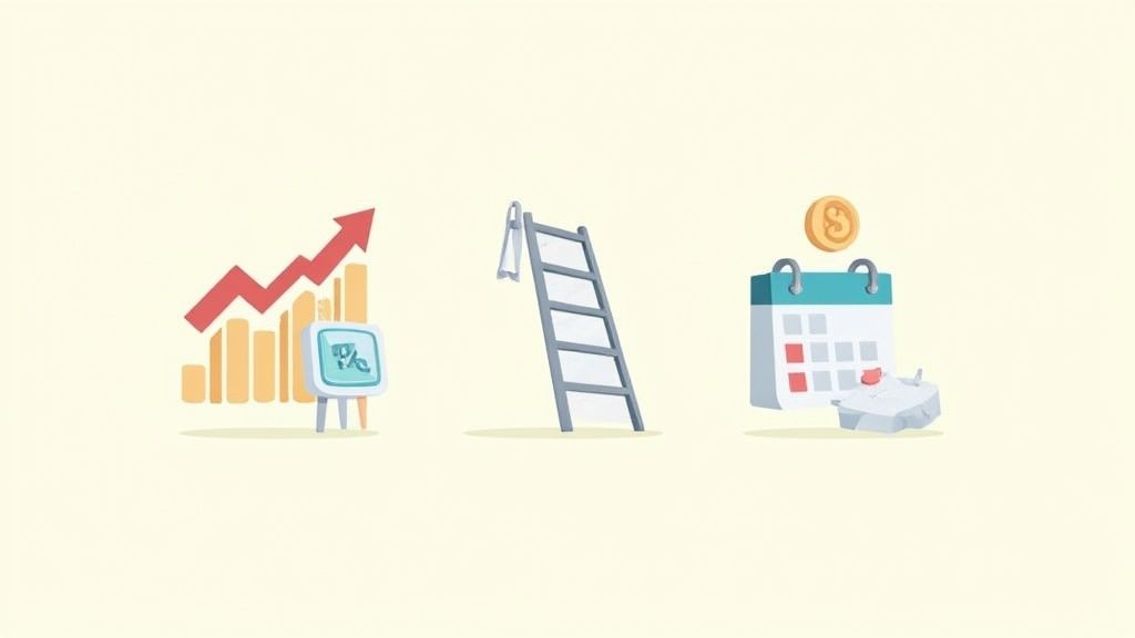 Illustrations showing a growth chart with an upward arrow, a ladder, and a calendar with a coin and broken piggy bank.