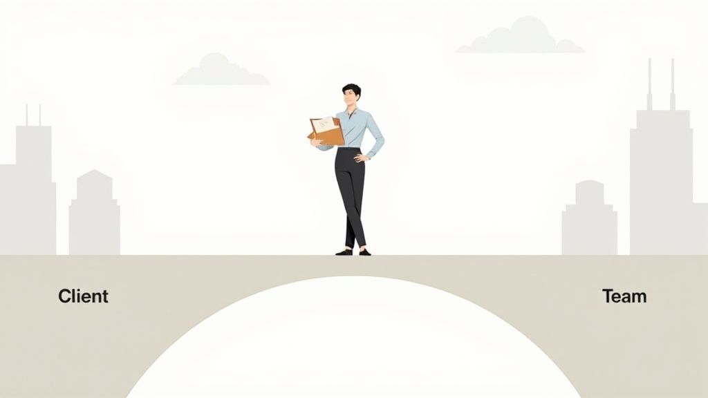 A professional stands on a bridge connecting a client and team, representing effective account management.