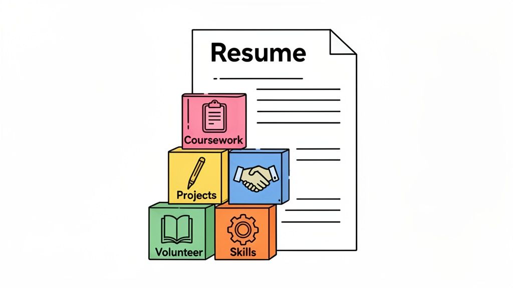 Illustration of a resume document with blocks for Coursework, Projects, Volunteer, and Skills.