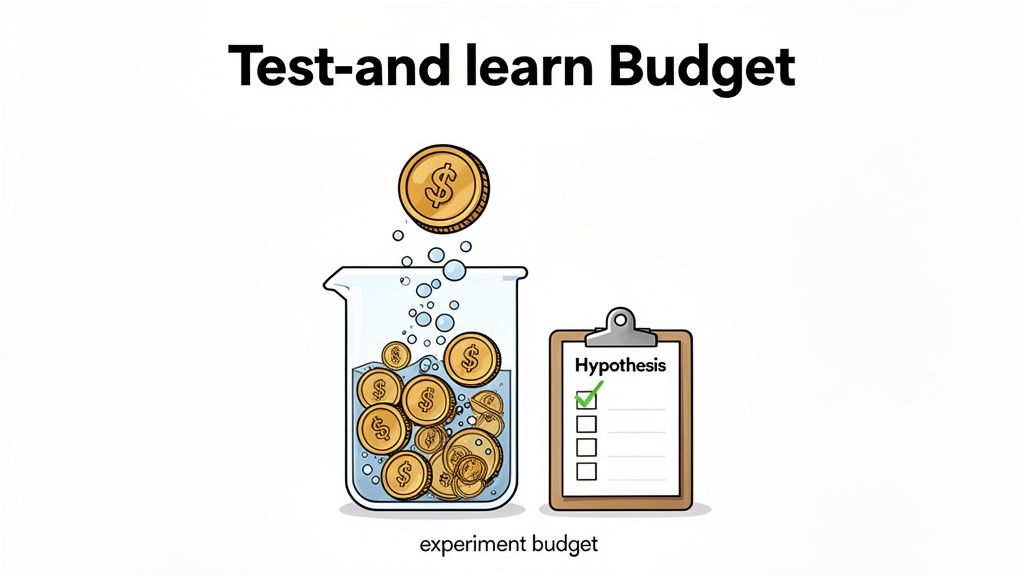 Illustration depicting a test-and-learn budget with coins in a beaker and a checked hypothesis.