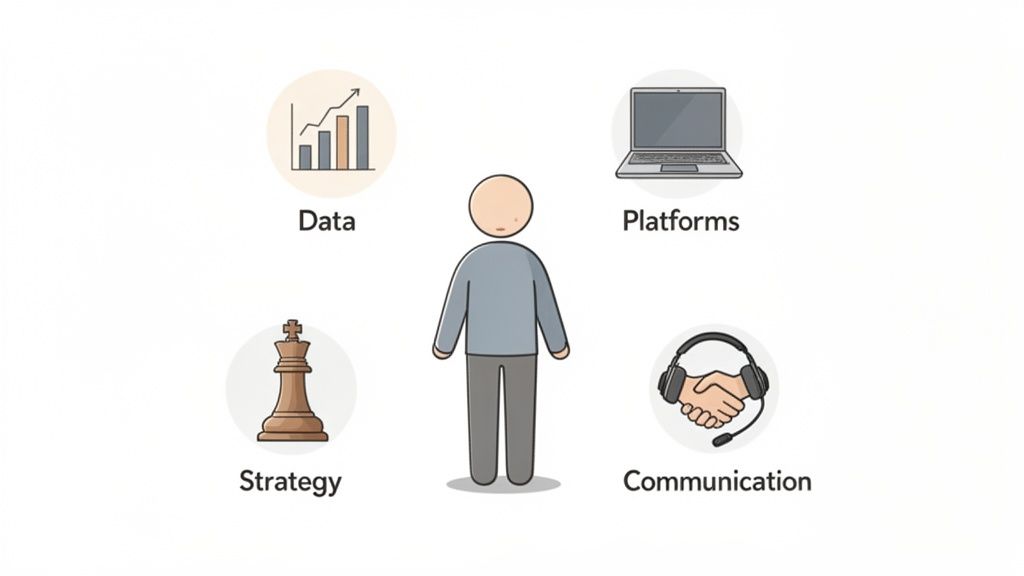 An illustration of a person surrounded by icons representing data, platforms, strategy, and communication.