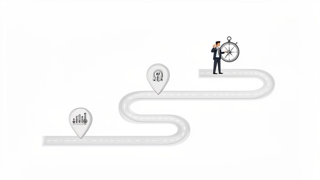 A businessman with a compass on a winding road with data and AI milestones.