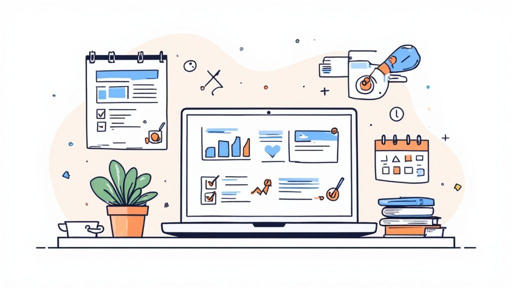 A clean, doodle-style desk setup with a laptop displaying charts, a to-do list, calendar, plant, and books.