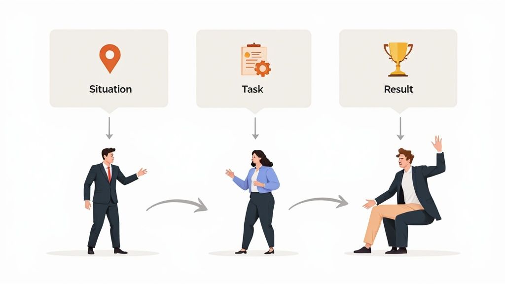 A person at a whiteboard diagramming the STAR method with sticky notes.