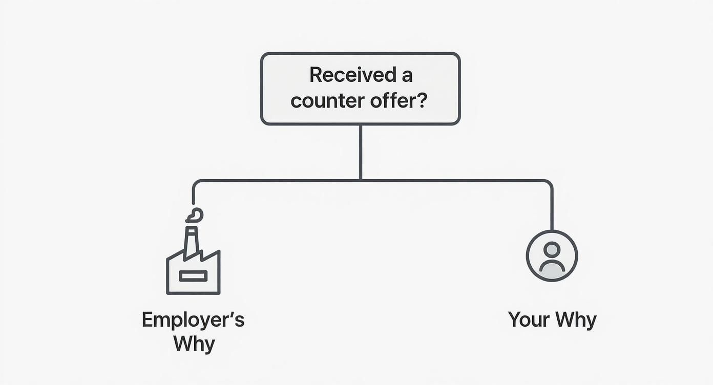 Flowchart illustrating considerations for a counter offer, weighing Employer's Why (factory) and Your Why (person).
