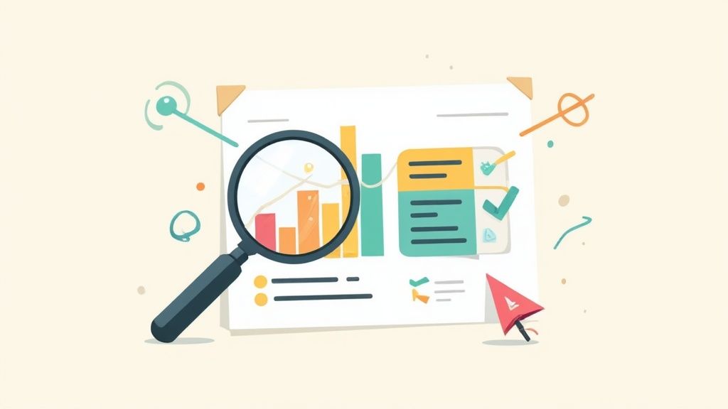A magnifying glass examining a document with data charts, graphs, and checklists, symbolizing business analysis.