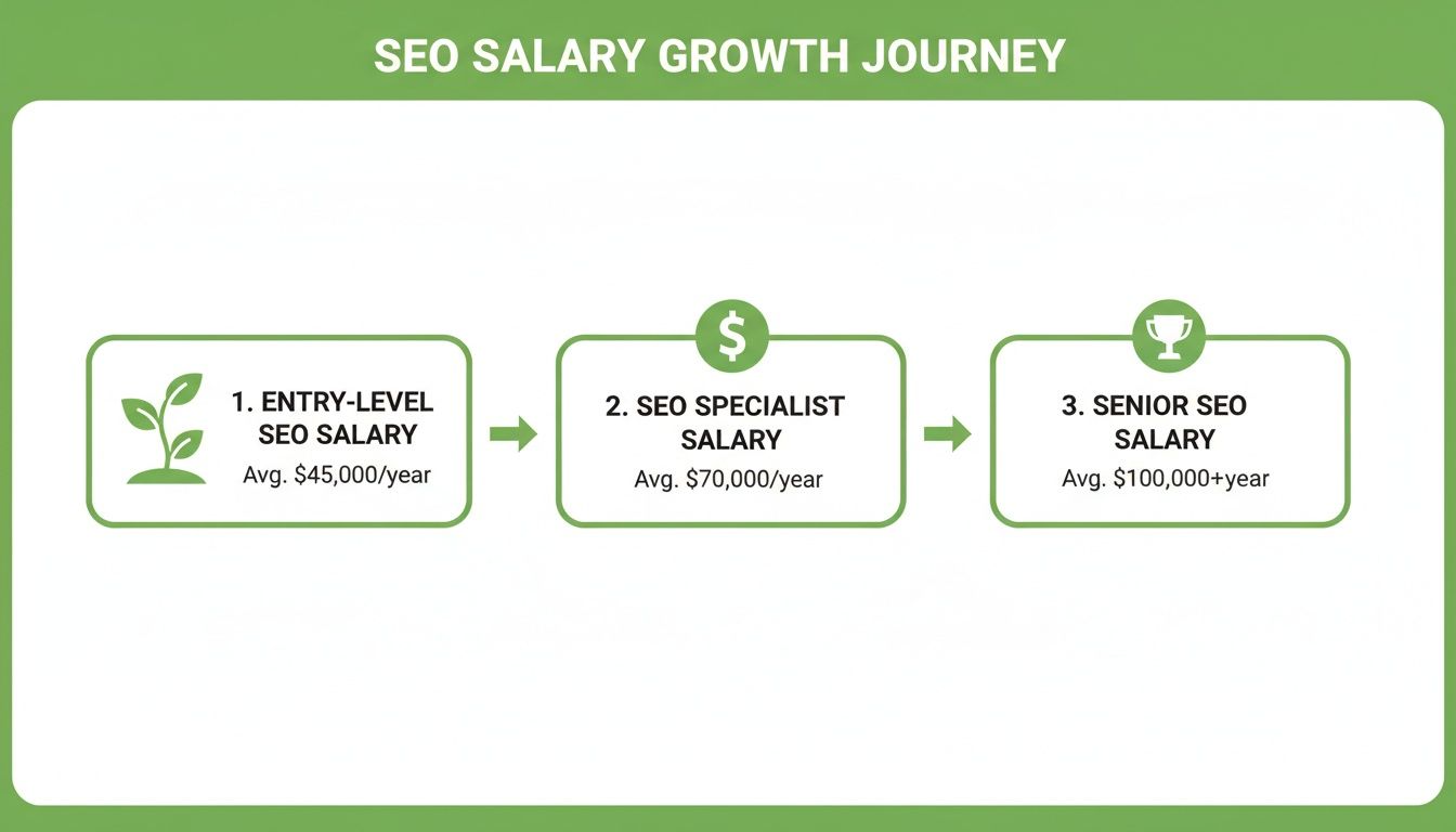 SEO salary progression chart displaying average salaries for entry-level, specialist, and senior SEO roles.