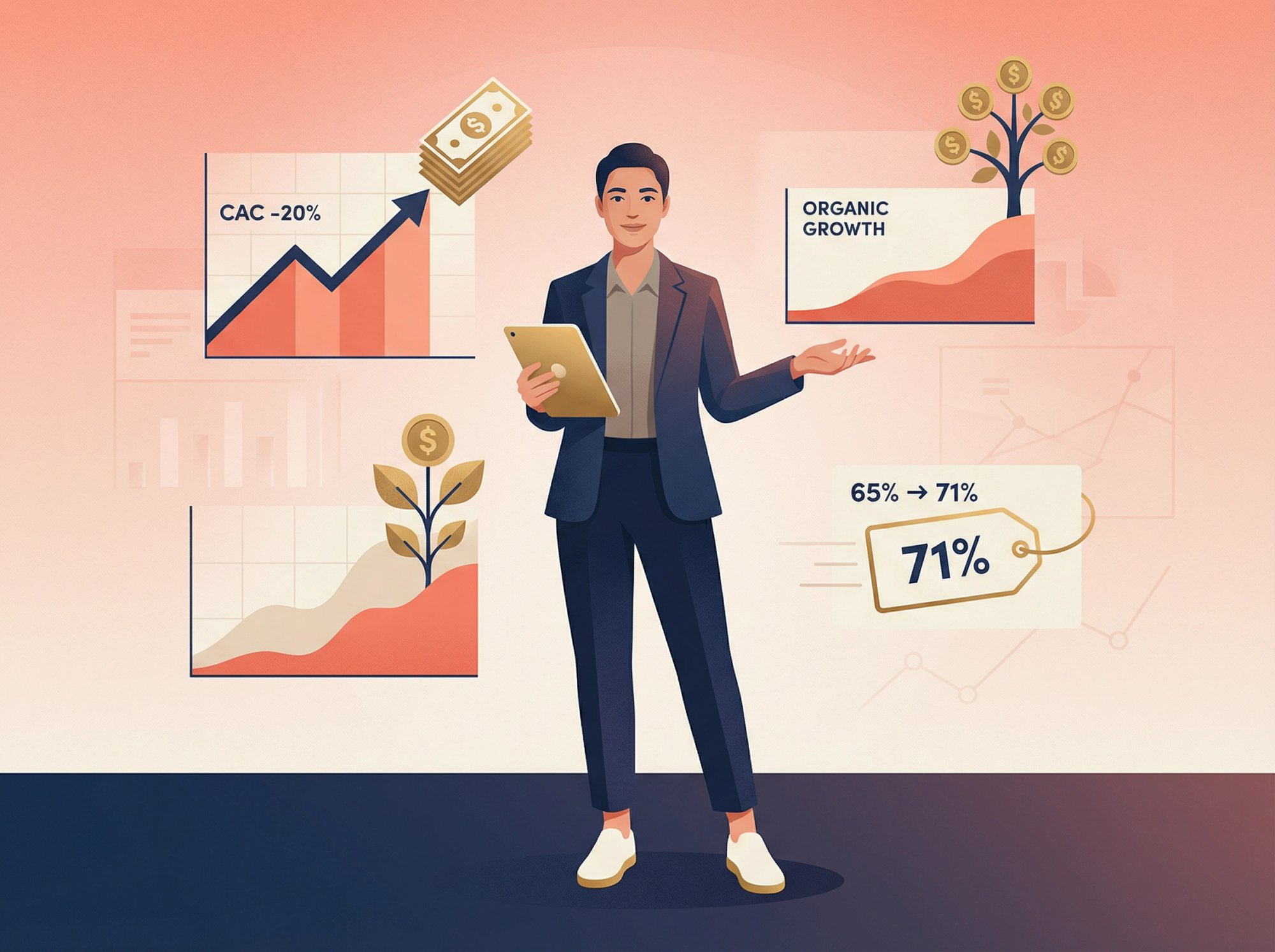 Confident marketing professional presenting their impact metrics as tangible business value, illustrating the shift from asking for money to pricing outcomes