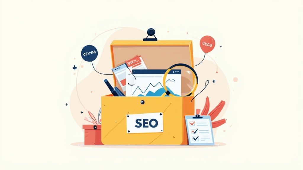 An illustration of an open yellow toolbox filled with SEO tools, charts, and a magnifying glass.