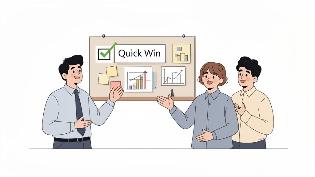 Three business people discussing a