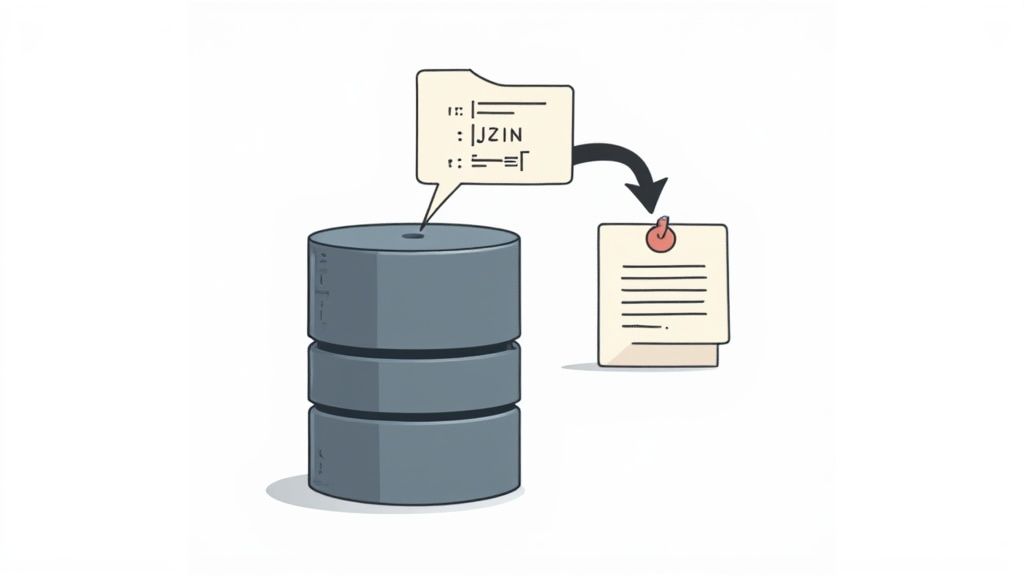 Illustration of data flowing from a cylindrical database to a pinned document, symbolizing data extraction.