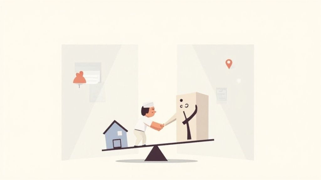 Person and house on balance scale representing property valuation and fair market assessment