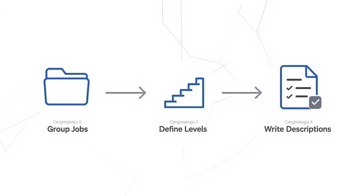 An infographic showing the job leveling process with icons for grouping jobs, defining levels, and writing descriptions.