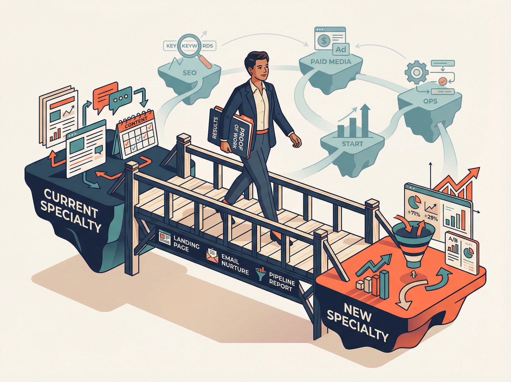 Professional marketer crossing a bridge between two marketing specialty platforms, symbolizing career transition through bridge projects