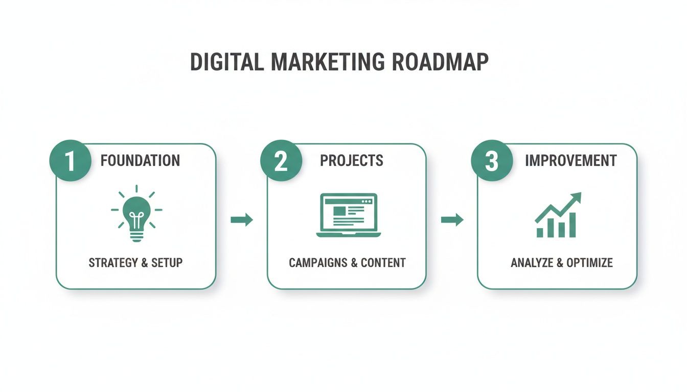 Digital marketing roadmap infographic outlining three key steps: Foundation, Projects, and Improvement.