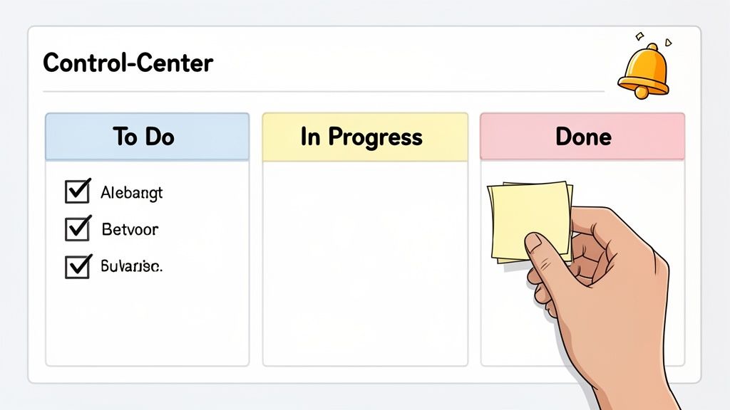 A Kanban board titled 'Control-Center' with tasks in 'To Do', 'In Progress', and 'Done' columns.