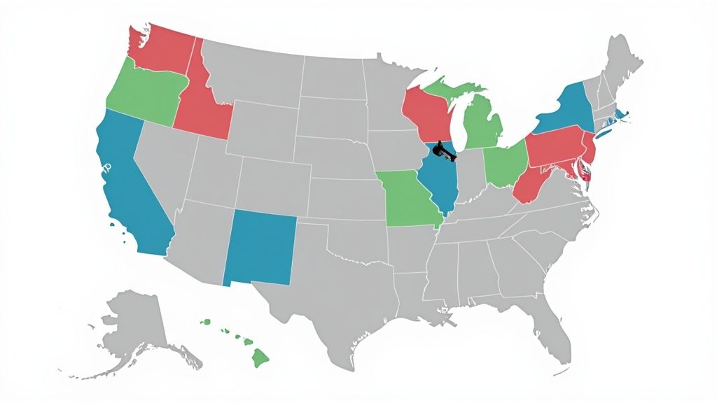 Map of US states showing pay transparency laws, with states colored red, green, blue, or grey.