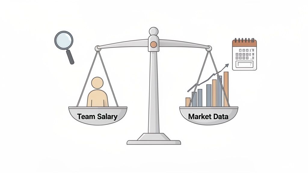 A balance scale comparing team salary with market data, symbolizing compensation analysis and strategy.