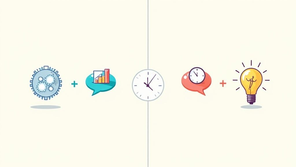 A visual diagram showing business concepts: gears plus data analysis, separated by a clock, leading to time management plus ideas.