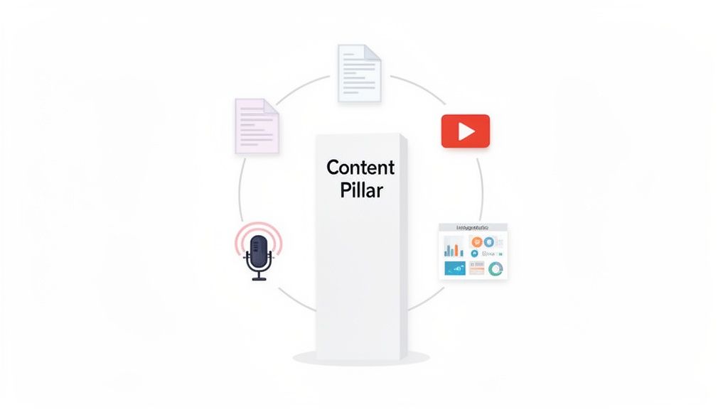 A diagram illustrates a 'Content Pillar' surrounded by icons for articles, videos, podcasts, and infographics.